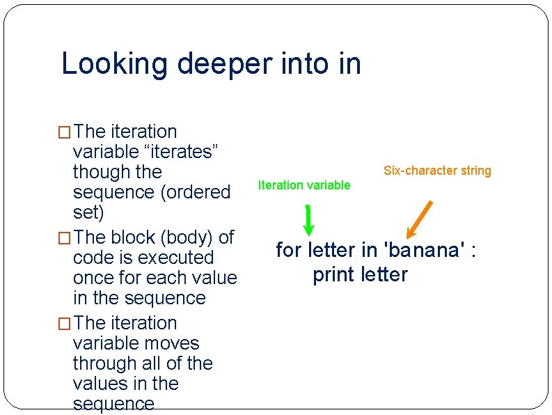 Looking deeper into in �The iteration variable “iterates” though the sequence (ordered set) �The