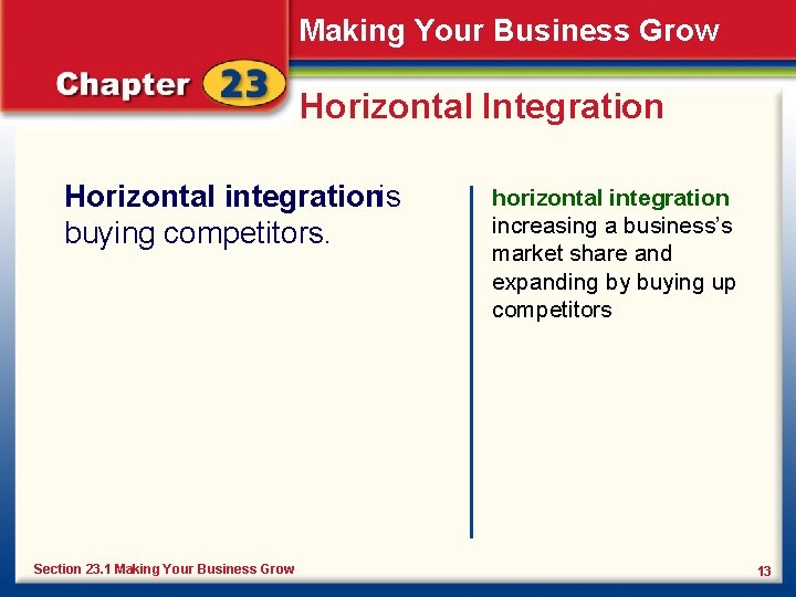 Making Your Business Grow Horizontal Integration Horizontal integration is buying competitors. Section 23. 1