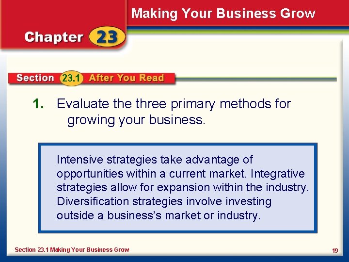 Making Your Business Grow 23. 1 1. Evaluate three primary methods for growing your