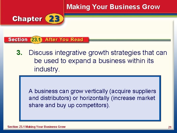 Making Your Business Grow 23. 1 3. Discuss integrative growth strategies that can be