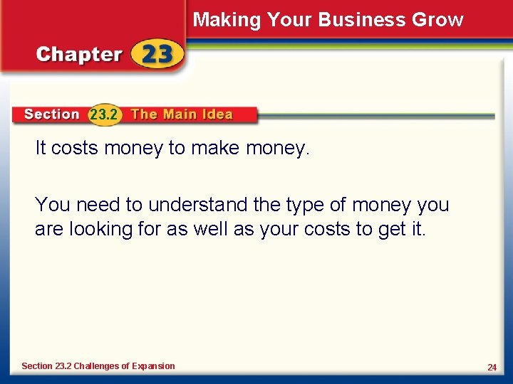 Making Your Business Grow 23. 2 It costs money to make money. You need