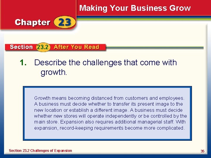 Making Your Business Grow 23. 2 1. Describe the challenges that come with growth.