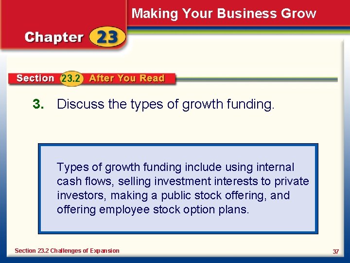 Making Your Business Grow 23. 2 3. Discuss the types of growth funding. Types