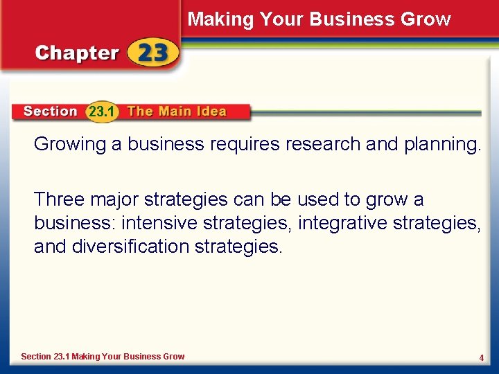 Making Your Business Grow 23. 1 Growing a business requires research and planning. Three