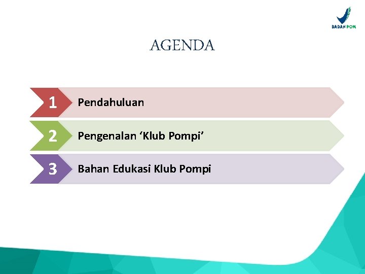 AGENDA 1 Pendahuluan 2 Pengenalan ‘Klub Pompi’ 3 Bahan Edukasi Klub Pompi 