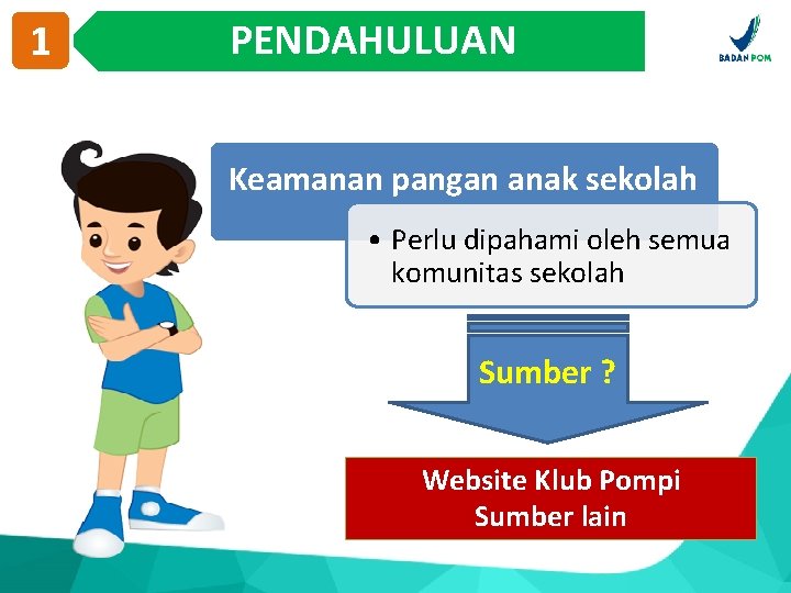 1 PENDAHULUAN Keamanan pangan anak sekolah • Perlu dipahami oleh semua komunitas sekolah Sumber