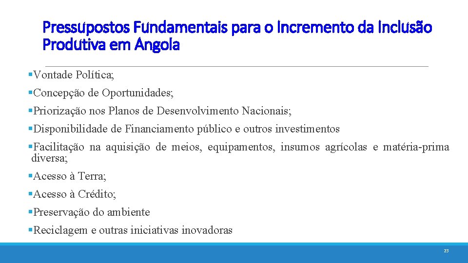 Pressupostos Fundamentais para o Incremento da Inclusão Produtiva em Angola §Vontade Política; §Concepção de