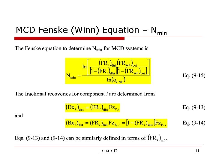 MCD Fenske (Winn) Equation – Nmin Lecture 17 11 