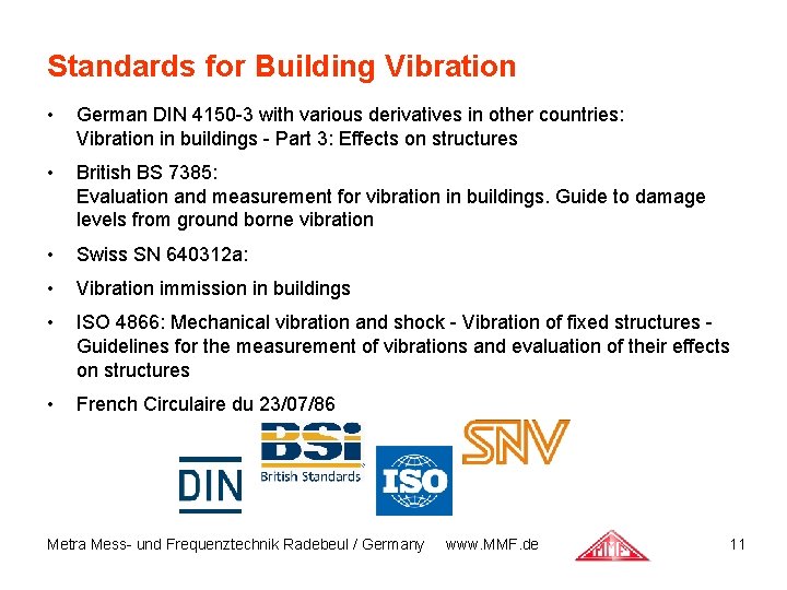 Standards for Building Vibration • German DIN 4150 -3 with various derivatives in other