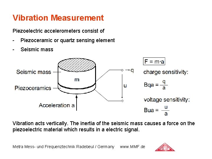 Vibration Measurement Piezoelectric accelerometers consist of - Piezoceramic or quartz sensing element - Seismic