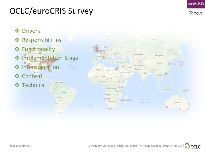 OCLC/euro. CRIS Survey v v v v Drivers Responsibilities Functionality Implementation Stage Interoperation Content