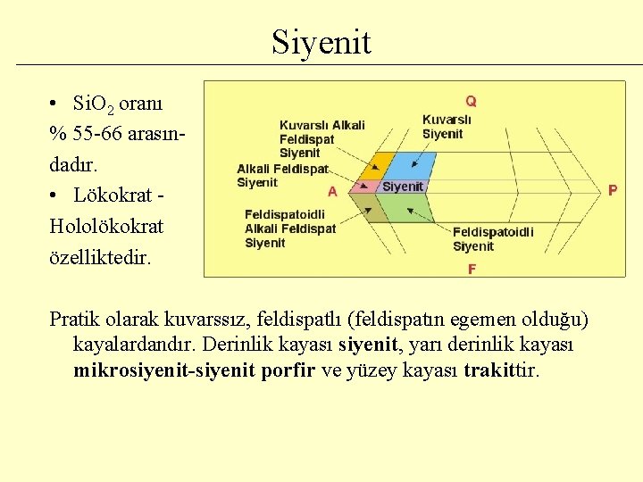 Siyenit • Si. O 2 oranı % 55 -66 arasındadır. • Lökokrat Hololökokrat özelliktedir.