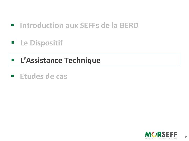 § Introduction aux SEFFs de la BERD § Le Dispositif § L’Assistance Technique §