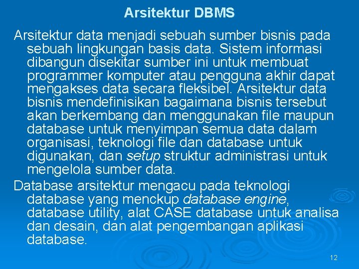 Arsitektur DBMS Arsitektur data menjadi sebuah sumber bisnis pada sebuah lingkungan basis data. Sistem