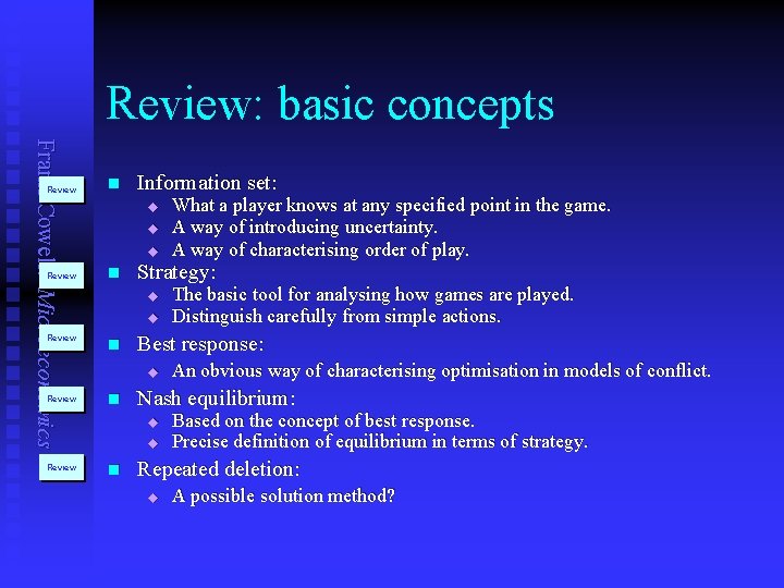 Review: basic concepts Frank Cowell: Microeconomics Review Review n Information set: u u u