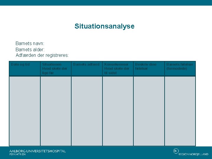 Situationsanalyse Barnets navn: Barnets alder: Adfærden der registreres: Dato og tid Situationen Hvad skete