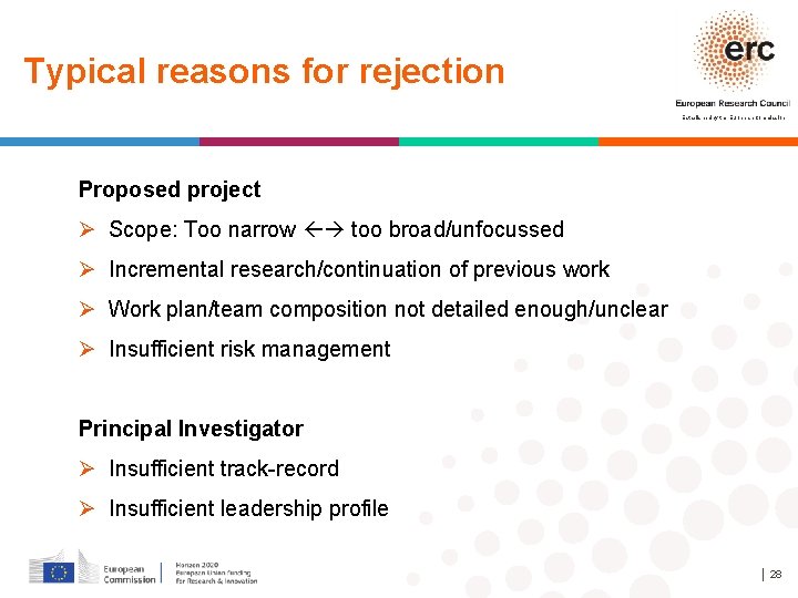 Typical reasons for rejection Established by the European Commission Proposed project Ø Scope: Too