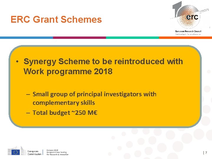 ERC Grant Schemes Established by the European Commission • Synergy Scheme to be reintroduced