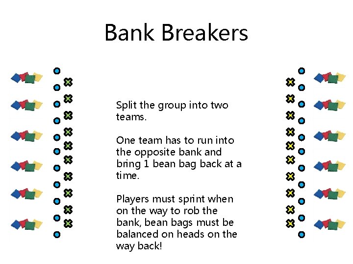 Bank Breakers Split the group into two teams. One team has to run into