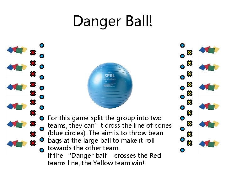 Danger Ball! For this game split the group into two teams, they can’t cross