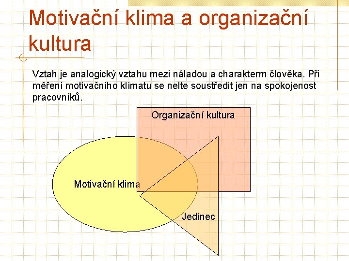 Motivační klima a organizační kultura Vztah je analogický vztahu mezi náladou a charakterm člověka.