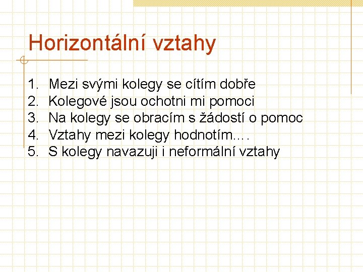 Horizontální vztahy 1. 2. 3. 4. 5. Mezi svými kolegy se cítím dobře Kolegové