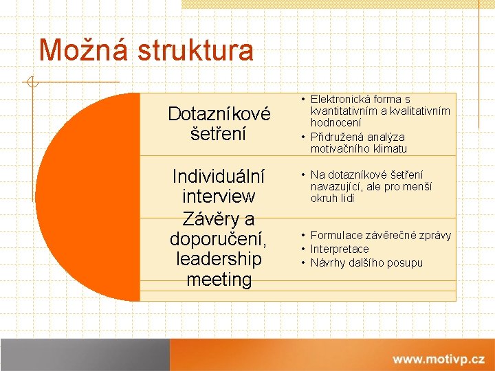 Možná struktura Dotazníkové šetření Individuální interview Závěry a doporučení, leadership meeting • Elektronická forma