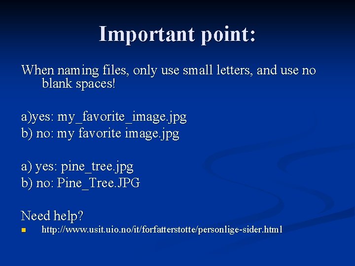 Important point: When naming files, only use small letters, and use no blank spaces!