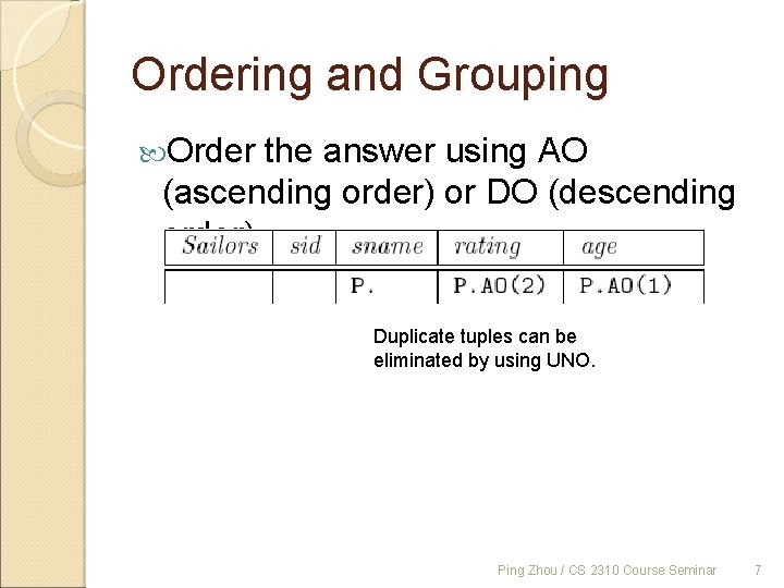 Ordering and Grouping Order the answer using AO (ascending order) or DO (descending order)
