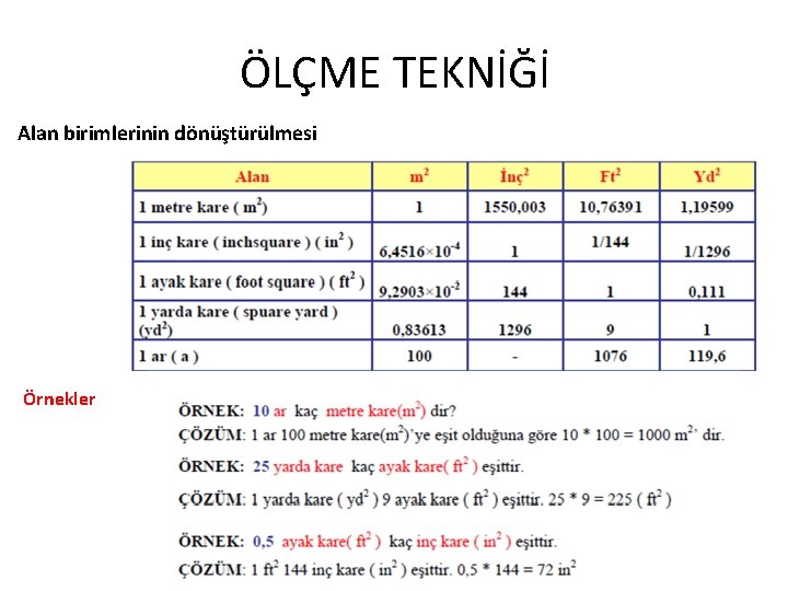 ÖLÇME TEKNİĞİ Alan birimlerinin dönüştürülmesi Örnekler 