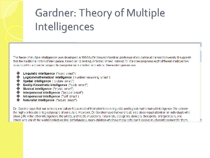 Gardner: Theory of Multiple Intelligences 