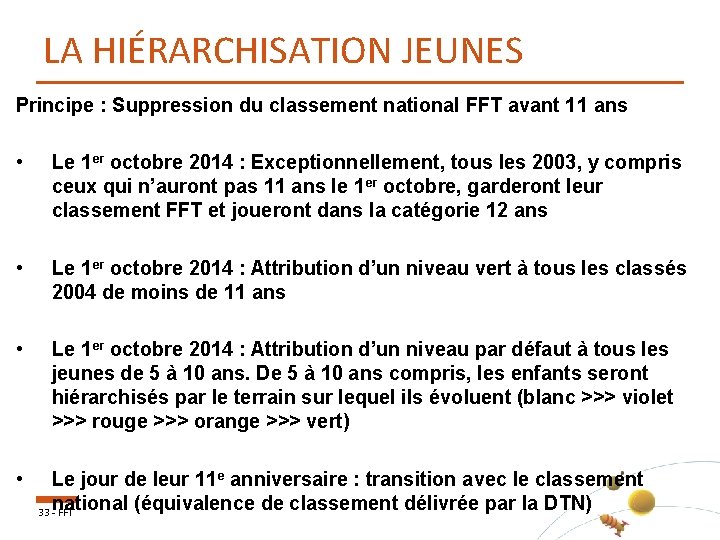 LA HIÉRARCHISATION JEUNES Principe : Suppression du classement national FFT avant 11 ans •