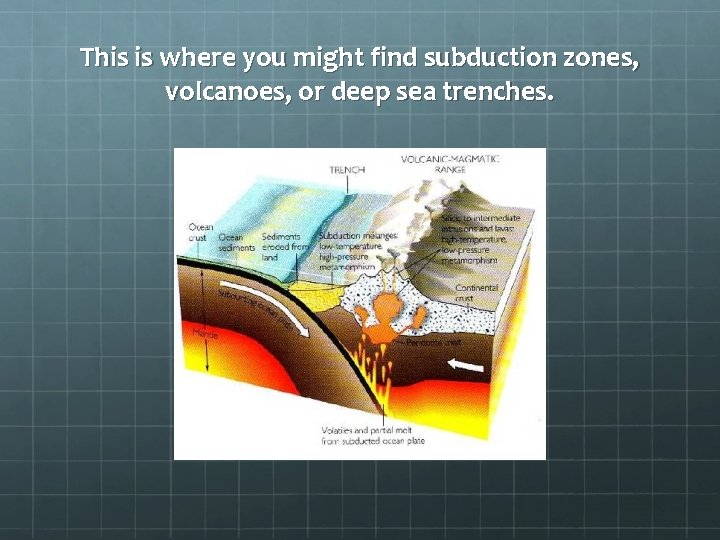 This is where you might find subduction zones, volcanoes, or deep sea trenches. 