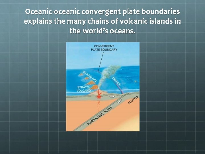 Oceanic-oceanic convergent plate boundaries explains the many chains of volcanic islands in the world’s