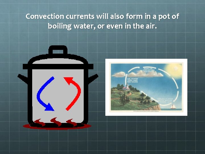 Convection currents will also form in a pot of boiling water, or even in
