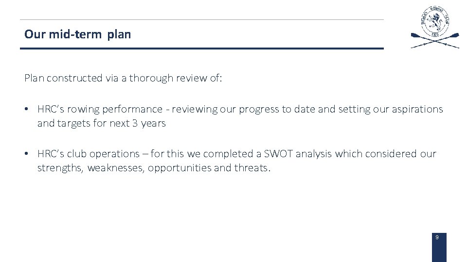 Our mid-term plan Plan constructed via a thorough review of: • HRC’s rowing performance