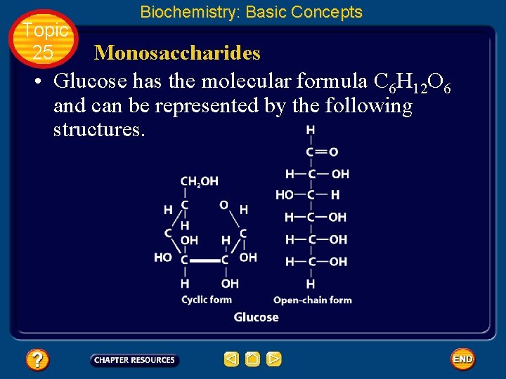 Topic 25 Biochemistry: Basic Concepts Monosaccharides • Glucose has the molecular formula C 6