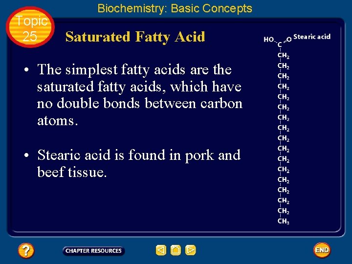 Topic 25 Biochemistry: Basic Concepts Saturated Fatty Acid • The simplest fatty acids are