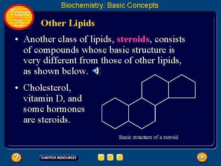 Topic 25 Biochemistry: Basic Concepts Other Lipids • Another class of lipids, steroids, consists