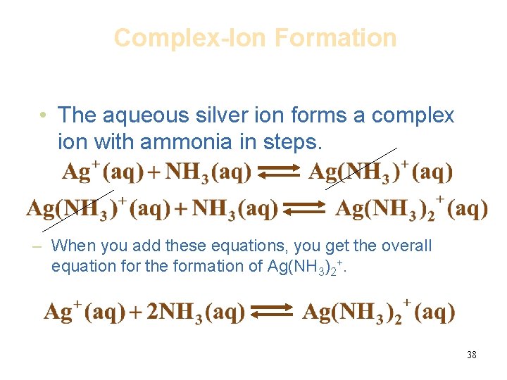 Complex-Ion Formation • The aqueous silver ion forms a complex ion with ammonia in