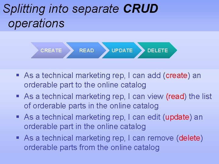 Splitting into separate CRUD operations CREATE READ UPDATE DELETE § As a technical marketing