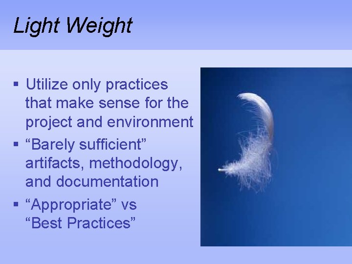 Light Weight § Utilize only practices that make sense for the project and environment