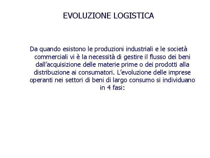 EVOLUZIONE LOGISTICA Da quando esistono le produzioni industriali e le società commerciali vi è