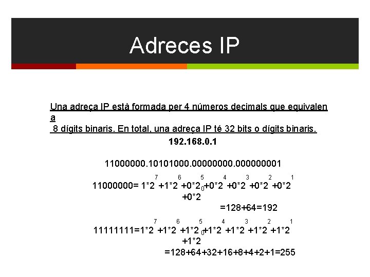 Adreces IP Una adreça IP està formada per 4 números decimals que equivalen a