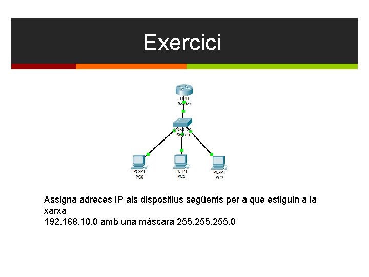 Exercici Assigna adreces IP als dispositius següents per a que estiguin a la xarxa