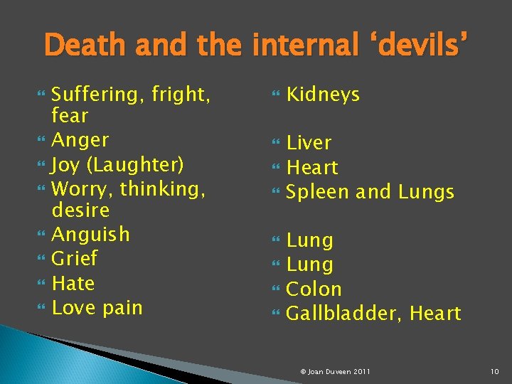Death and the internal ‘devils’ Suffering, fright, fear Anger Joy (Laughter) Worry, thinking, desire