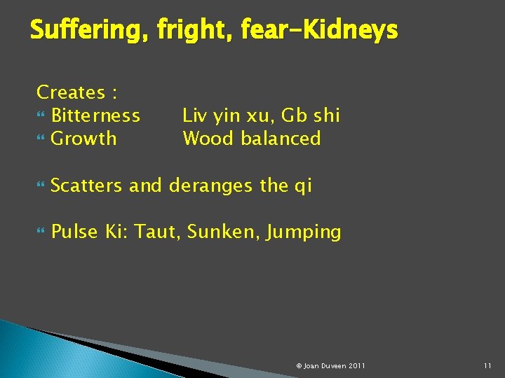 Suffering, fright, fear-Kidneys Creates : Bitterness Growth Liv yin xu, Gb shi Wood balanced
