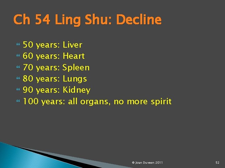 Ch 54 Ling Shu: Decline 50 years: Liver 60 years: Heart 70 years: Spleen