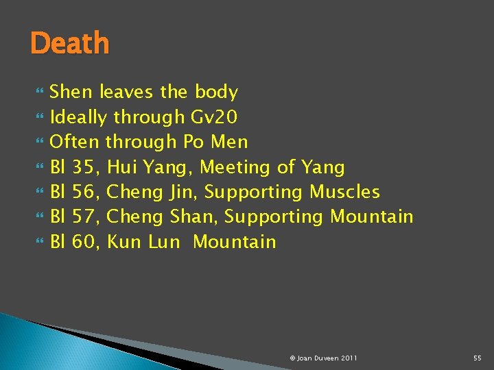 Death Shen leaves the body Ideally through Gv 20 Often through Po Men Bl