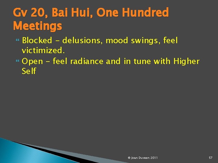 Gv 20, Bai Hui, One Hundred Meetings Blocked - delusions, mood swings, feel victimized.